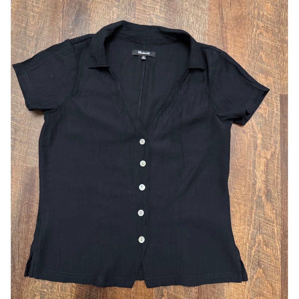 Madewell Black Crinkle Button Front Blouse XS Textured Short Sleeve Shirt